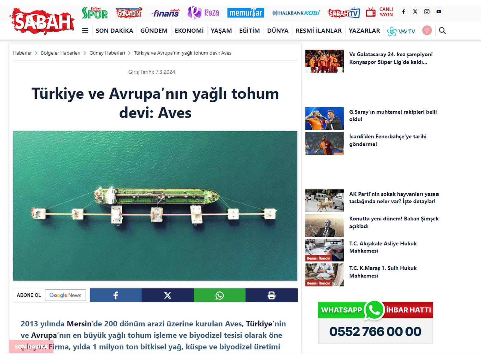 Türkiye ve Avrupa’nın yağlı tohum devi Aves, Sabah Gazetesi