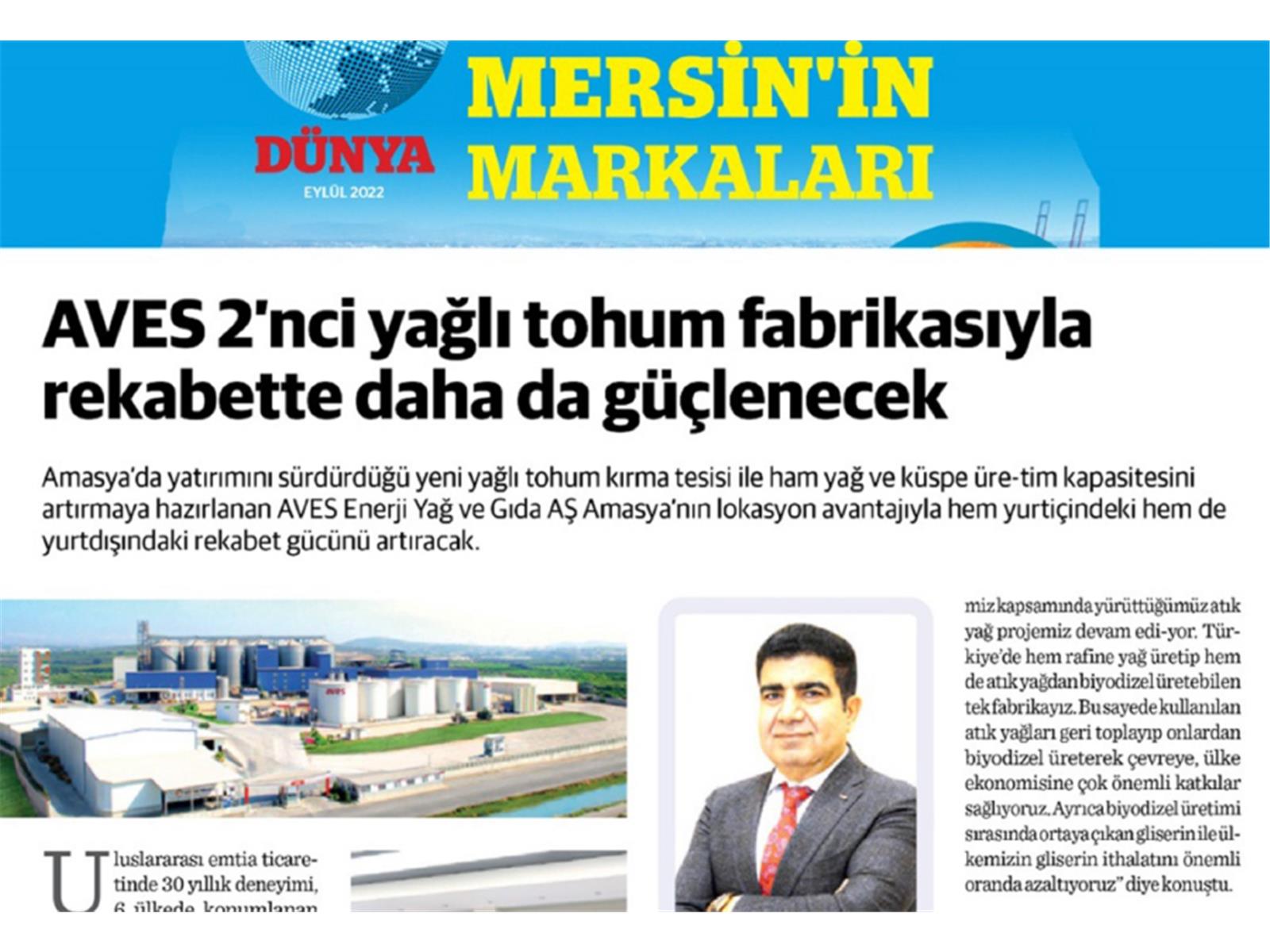 AVES 2’nci yağlı tohum fabrikasıyla rekabette daha da güçlenecek, Dünya Gazetesi 